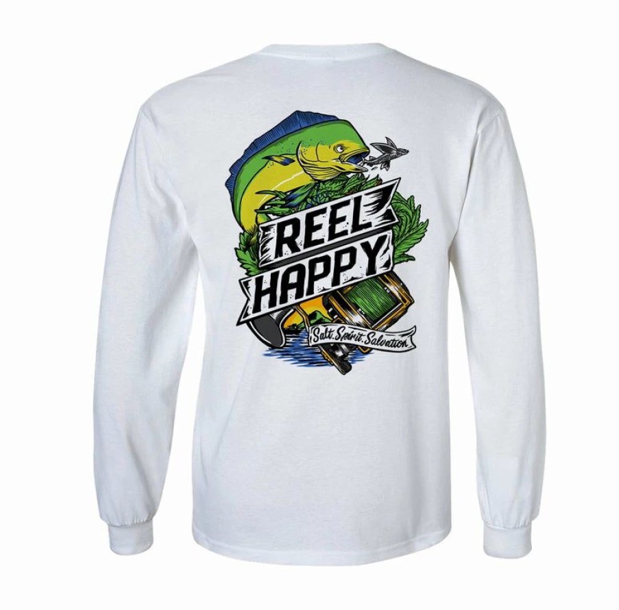 Graphic Tees * | Promo Reel Happy Co Mahi Mahi Ls Tee White