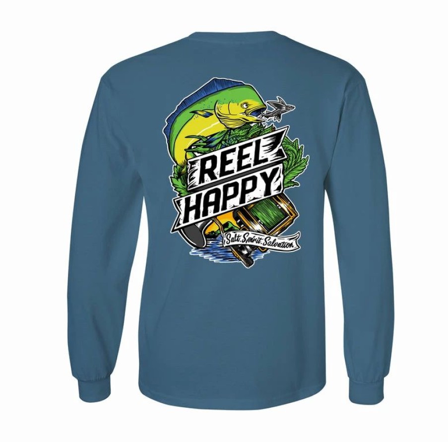 Graphic Tees * | Best Sale Reel Happy Co Mahi Mahi Ls Tee Indigo Blue