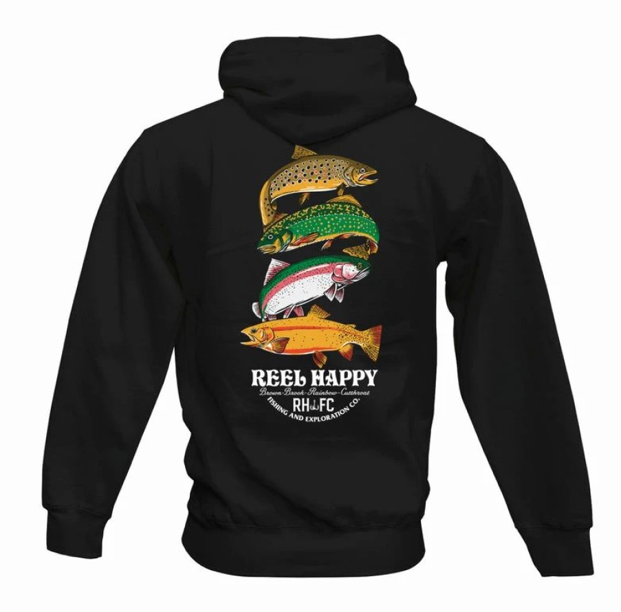 Fleece * | Brand New Reel Happy Co Trout Stack Hoodie Black